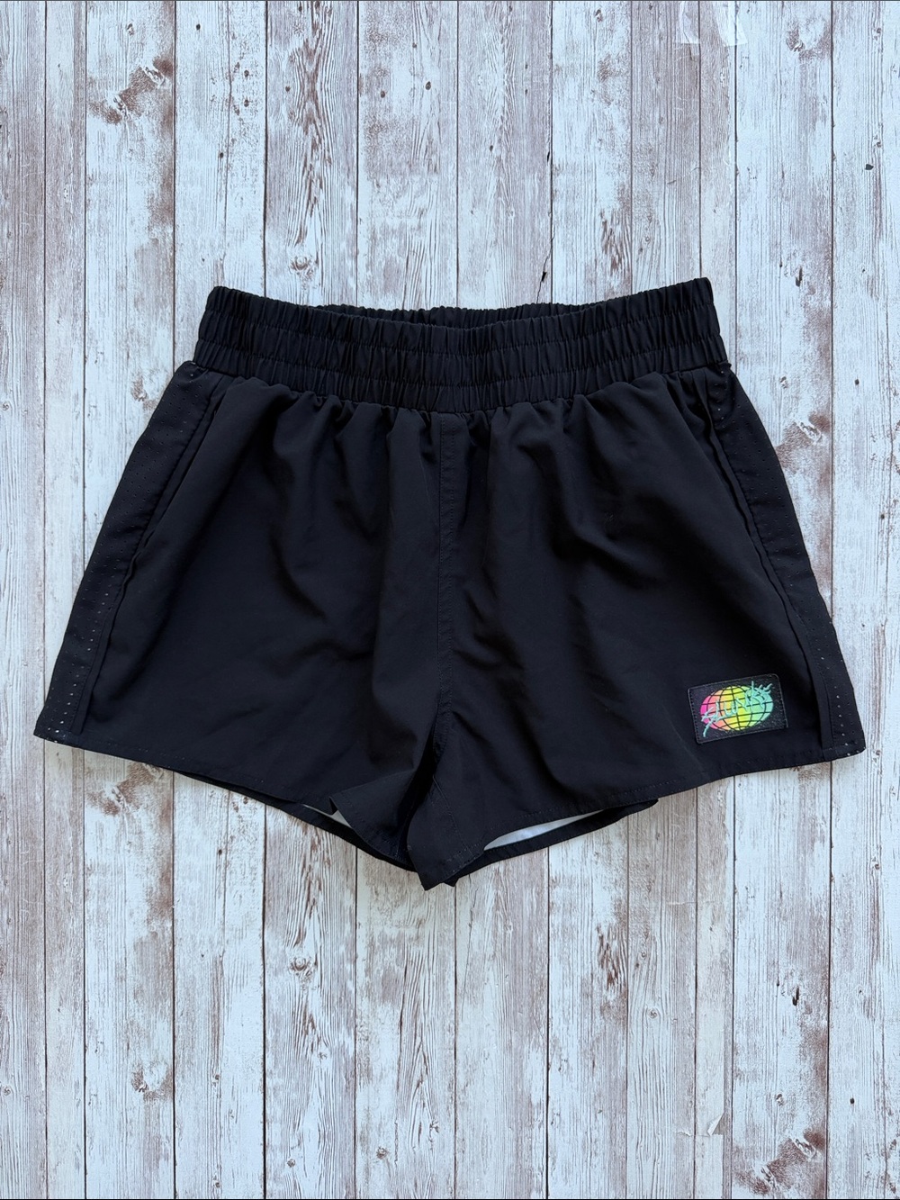 Slunks Women's 2.5" Shorts sz Small Black Volleyball Beach Patch Linerless